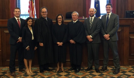Left to right: Mac Morey and Mathri Thannikkotu, Wechsler winners from the University of Miami Law School; Hon. William J. Hochul, Jr.’84, the United States Attorney for the Western District of New York; Hon. Erin M. Peradotto ’84, Associate Justice of the New York State Supreme Court, Appellate Division, Fourth Department; Hon. Eugene F. Pigott, Jr. ’73, Associate Judge of the New York Court of Appeals; and John Kennelly and Nick Christianson from the University of North Dakota, who placed second.