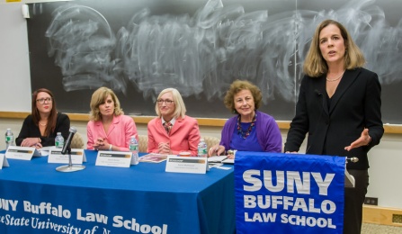 Alyssa Weiss, Chief of Staff to Buffalo Common Council Member Michael LoCurto, Mary Travers Murphy, Director of the Family Justice Center of Erie County, Sawrie Becker, Chair of the Erie County Commission on the Status of Women, Karen Mulhauser, Chair of the United Nations Association-USA and Assoc. Professor of Law Tara J. Melish. 