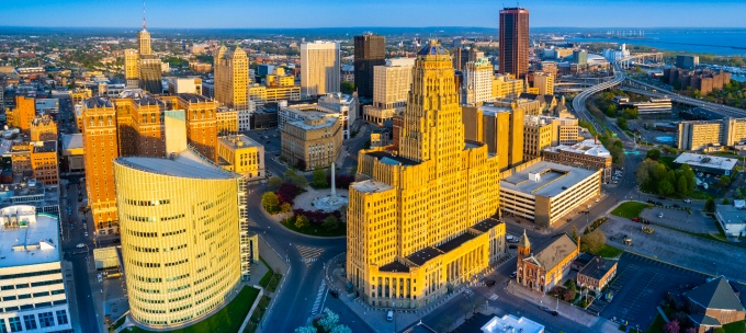 Aerial view of UB North Campus during sunset.