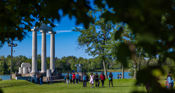 Students gathered at Baird Point on a sunny day. 