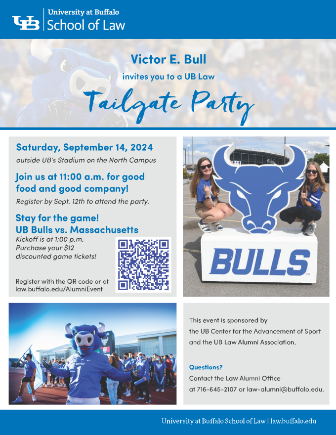 Flyer for UB Law Tailgate Party on Saturday, September 14, 2024 from 11am to 1pm. 