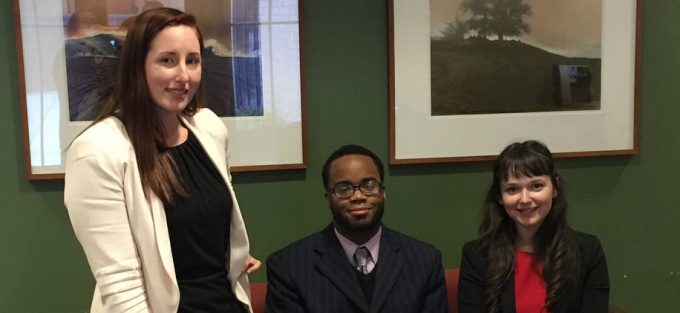 Victoria L. Hahn '17, Larry Waters '17, Julia Purdy '15. (Not in photo: Cara Cox ’16 - alternate; Lisa Bauer - coach).