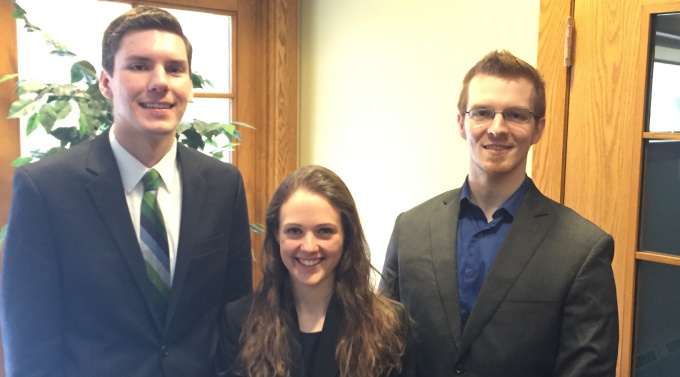 Jeffrey Shalke '17, Christine Sullivan '16, and John Darnell '16. Coached by Prof. Jessica Owley (not pictured).