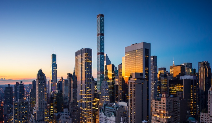 New York City skyline at night.