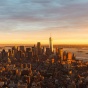 New York City skyline at dusk. 