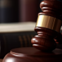 photo of a gavel and book with icons of a courthouse, evidence file, and scales of justice. 