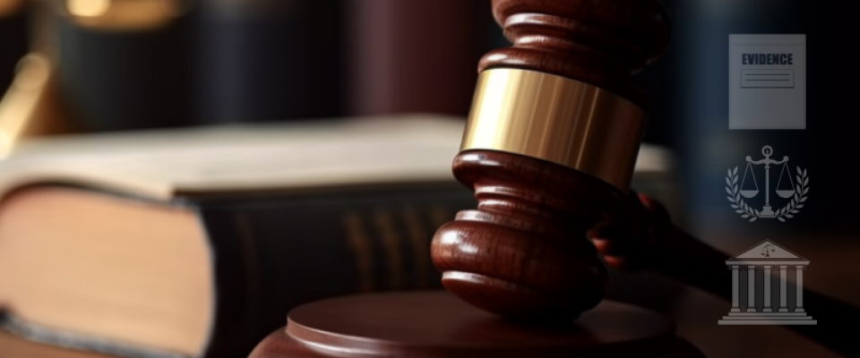 photo of a gavel and book with icons of a courthouse, evidence file, and scales of justice. 