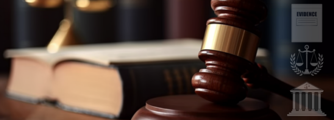 photo of a gavel and book with icons of a courthouse, evidence file, and scales of justice. 