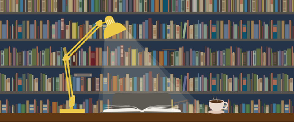 graphic of a library with a table, lamp, book and coffee mug. 