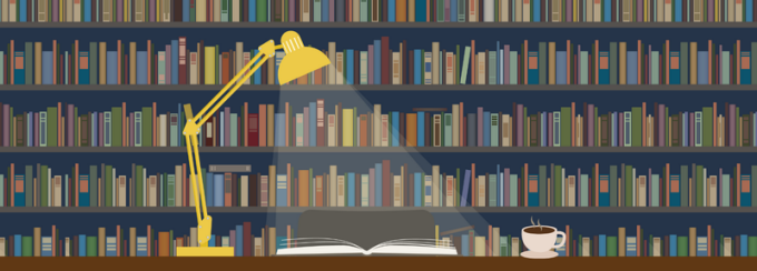 graphic of a library with a table, lamp, book and coffee mug. 