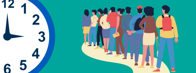 Graphic of a close and people waiting in a line.