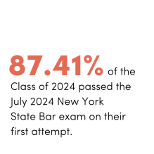 Text that says 87.41% of the Class of 2024 passed the July 2024 New York State Bar exam on their first attempt. 