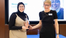 Zoom image: Nour Jaber ’25 (BA in Law and Criminology) Recipient of a UB Academic Integrity Award presented by Dr. Kelly Ahuna, director of the University's Office of Academic Integrity. 