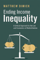 Book cover titled “Ending Income Inequality” by Matthew Dimick. Below the title it reads “A Critical Approach to the Law and Economics of Redistribution.” The illustration shows a balance scale with two piggy banks: a smaller pig on the left weighing down its side slightly, and a larger pig on the right. The background is a dark green color.