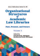 Book cover titled “Organizational Structures of Academic Law Libraries: Past, Present, and Future, Volume 3.” The top reads “AALL Publications Series No. 90.” The editors’ names, Elizabeth G. Adelman and Jessica de Perio Wittman, appear below the title. The bottom portion of the cover features a geometric pattern of multicolored cubes.