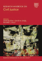 Book cover titled “Research Handbook on Civil Justice.” The editors’ names—Mauro Cappelletti, David M. Engel, and Richard L. Abel—are listed beneath the title. The upper portion of the cover is solid red with the publisher’s “EE Elgar” logo in the corner. The lower portion features an abstract artwork made up of layered shapes and brushstrokes in muted colors.