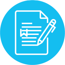 Icon symbolizing policy reform: document with text and a pencil inside a blue circle.