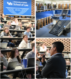 Collage of four images showing UB School of Law settings: a large lecture hall with students seated at desks using laptops, a speaker holding a microphone in front of a brick wall, a blue banner reading ‘University at Buffalo School of Law 1846,’ and a law library interior with bookshelves and a central staircase.