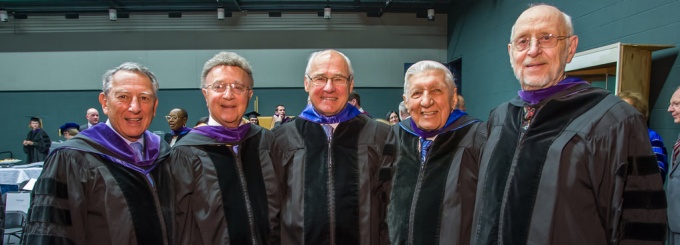 Eric Corbett Williams '65 (far right) with his classmates (left to right) Sheldon Evans '65, Hon. Anthony P. LoRusso '65, Hon. Leslie G. Foschio '65, and George B. Weires '65.