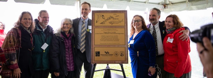 (right to left) Kerry Mitchell, Niagara River Corridor Ramsar Steering Committee Member; Professor and Dean Robert Shibley, UB School of Architecture and Planning; Lynda Schneekloth, Niagara River Corridor Ramsar Steering Committee Member; Jajean Rose-Burney, Deputy Executive Director of the Western New York Land Conservancy; Professor and Vice Dean Kim Diana Connolly, UB School of Law; Gregory Stevens, Executive Director of the Niagara Greenway Commission; and Jocelyn Baker, Canadian Co-Chair, Niagara River Corridor Ramsar Steering Committee.