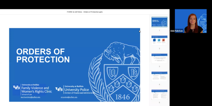 Abbi Fuhrken ’21 presents on Orders of Protection during National Domestic Violence Awareness month.law student Abbi in a Zoom conference presenting on Orders of Protection.