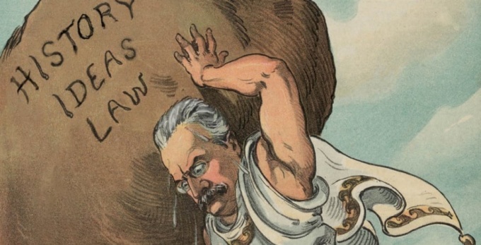 cartoon of man holding bolder that has writing on it that reads History Ideas Law.