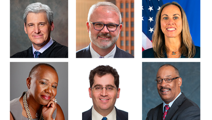 a composite photo of four men, two women, smiling.