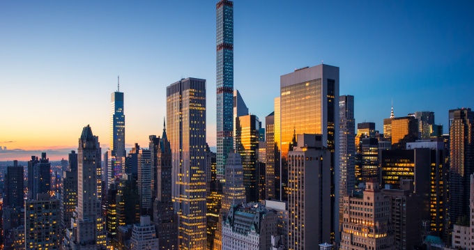 view of NYC skyline in the evening. 