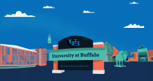 a colorful illustration of a sign that says "UB University at Buffalo The State University of New York.". 
