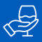 Blue and white illustration of a hand holding a wine glass. 