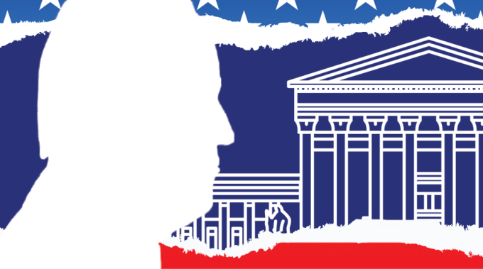 A large atrium for a library, filled with people standing around tables, talking to one another.