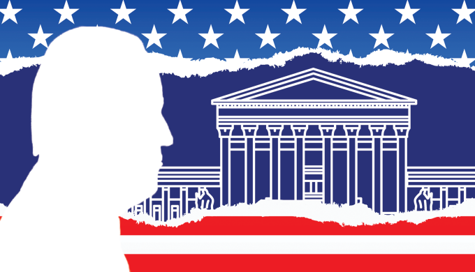 Illustration that includes a line image of U.S. flag, white profile of a man's head and U.S. Supreme Court building.