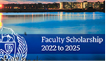 Banner featuring a waterfront city skyline at sunset with a law school crest and the text 'Faculty Scholarship 2022 to 2025'.
