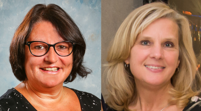 Split image showing two professional headshot portraits side by side. Each portrait features a person facing the camera against different indoor backgrounds, one with a neutral studio backdrop and the other in a softly lit setting.