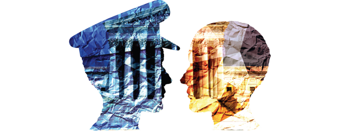 colorful illustration of two profiles, one wearing police hat, other without.