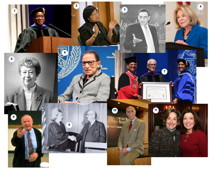 A collage of eleven photos showing people in academic, legal, and professional settings. The images include individuals speaking at podiums, gesturing during presentations, sitting for interviews, wearing academic regalia at a graduation or recognition ceremony, shaking hands in a courtroom, and posing together in a formal indoor setting.