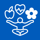 Meditation graphic with apple, flower, and heart with ekg.