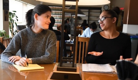 professor and student having a discussion in the library. 